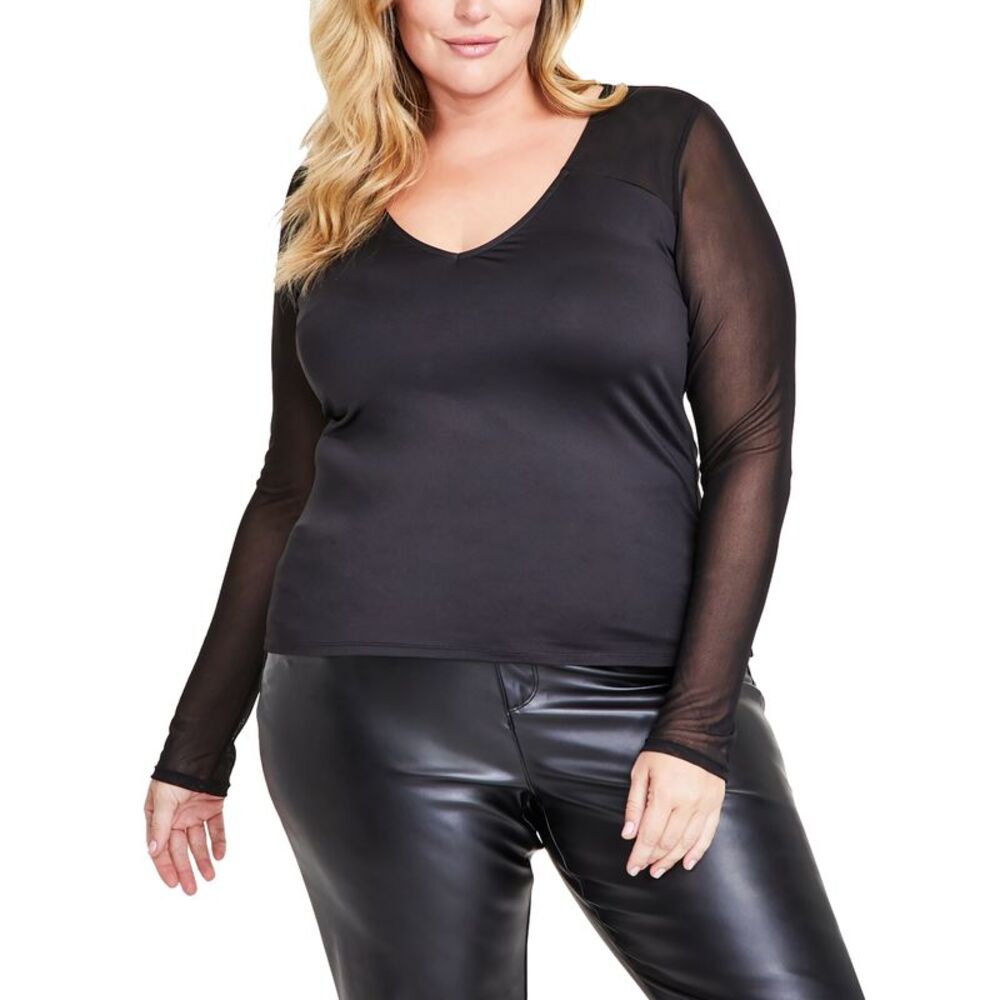 Bar III Plus Size V-Neck Sheer-Sleeve Mesh Top